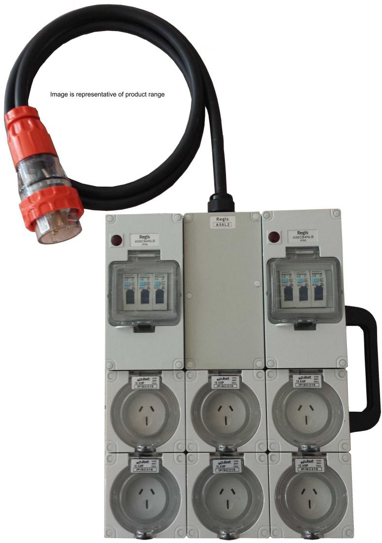 Portable Power Distribution board 32A 3 phase. 6 x 15A 240V outlets